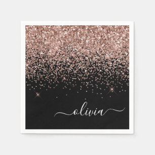 Rose Gold - Blush Pink Black Glitter Monogram Name Napkin