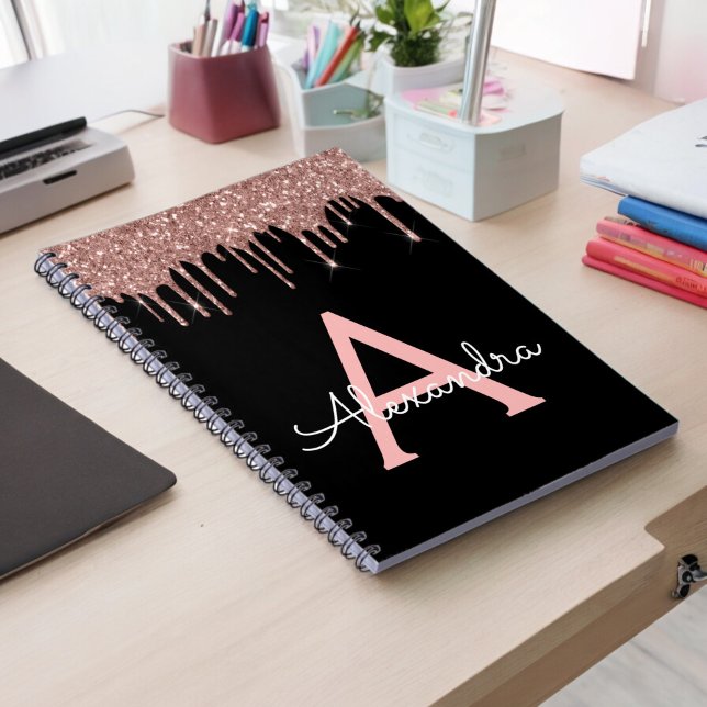 Rose Gold - Blush Pink Black Glitter Monogram Name Notebook (Creator Uploaded)