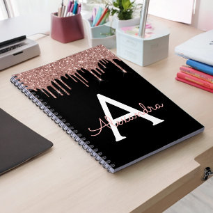 Rose Gold - Blush Pink Black Glitter Monogram Name Notebook