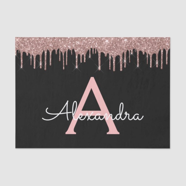 Rose Gold - Blush Pink Black Glitter Monogram Name Tissue Paper (Front)