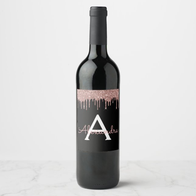 Rose Gold - Blush Pink Black Glitter Monogram Name Wine Label (Front)
