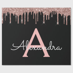 Rose Gold - Blush Pink Black Glitter Monogram Name Wrapping Paper