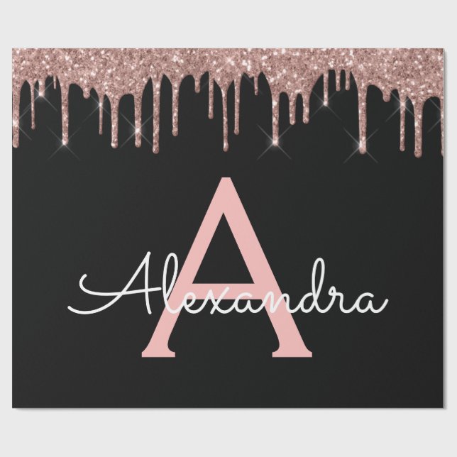 Rose Gold - Blush Pink Black Glitter Monogram Name Wrapping Paper (Flat)