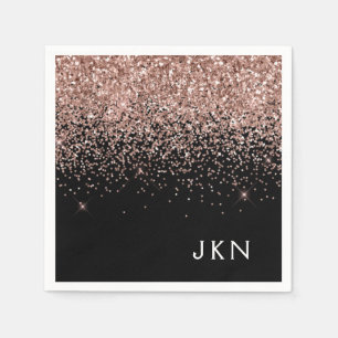Rose Gold Blush Pink Black Glitter Monogram Napkin