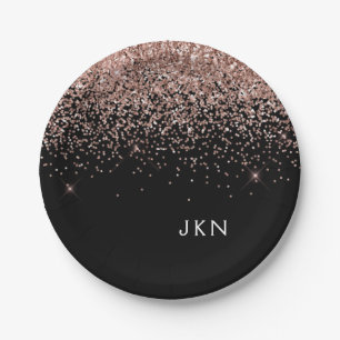 Rose Gold Blush Pink Black Glitter Monogram Paper Plate