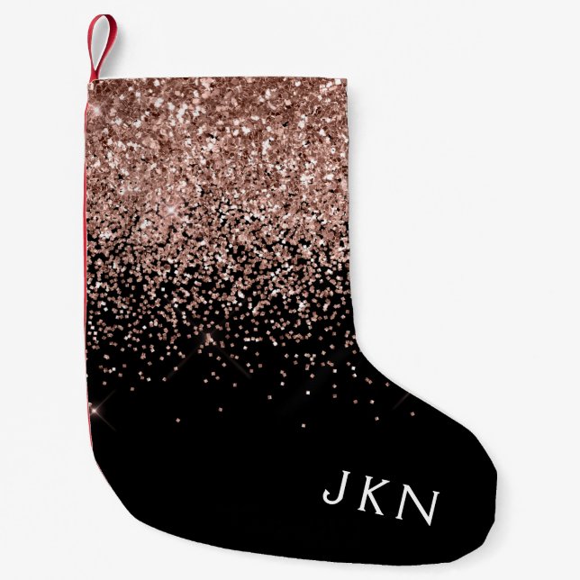Rose Gold Blush Pink Black Glitter Monogram Small Christmas Stocking (Front)