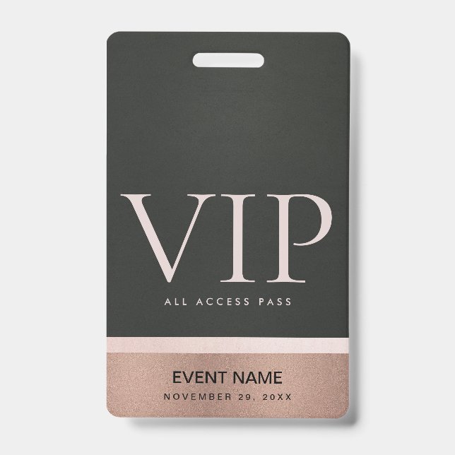 ROSE GOLD BLUSH PINK BLACK VIP EVENT ACCESS PASS ID BADGE (Front)
