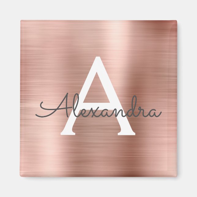 Rose Gold - Blush Pink Brushed Metal Monogram Name Magnet (Front)
