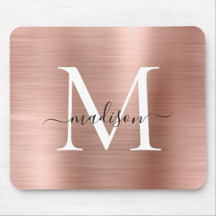 Rose Gold Blush Pink Brushed Metal Monogram Script Mouse Pad