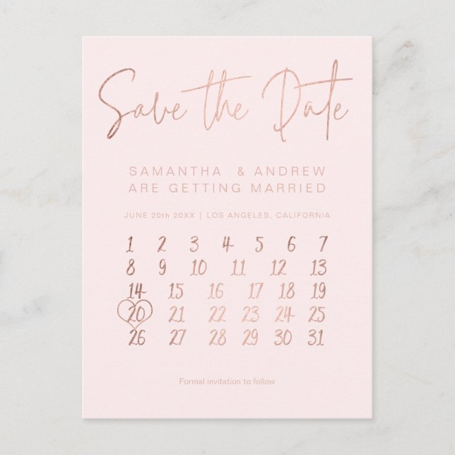 Rose gold blush pink calendar save the date announcement postcard (Front)