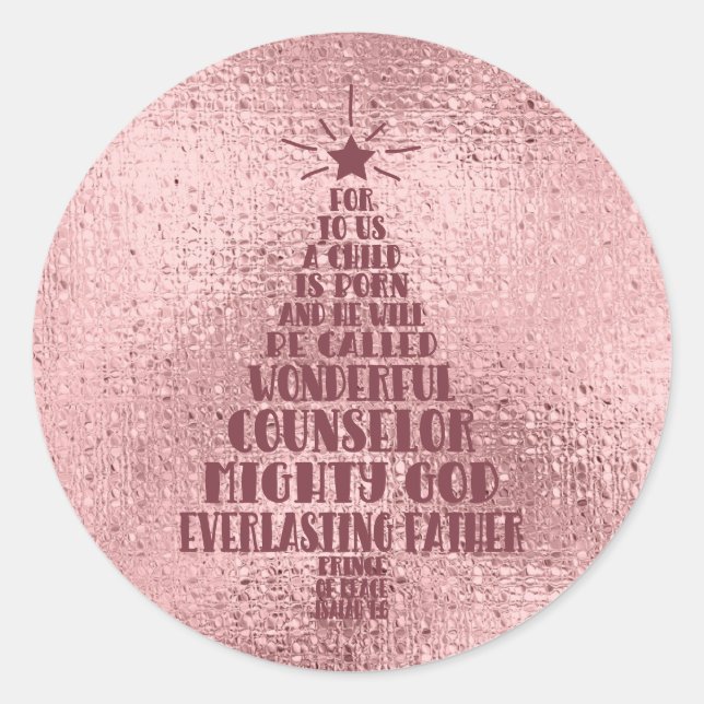 Rose Gold Blush Pink Christian Christmas Scripture Classic Round Sticker (Front)