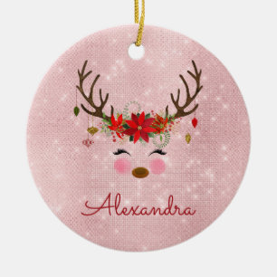 Rose Gold - Blush Pink Christmas Reindeer Monogram Ceramic Ornament