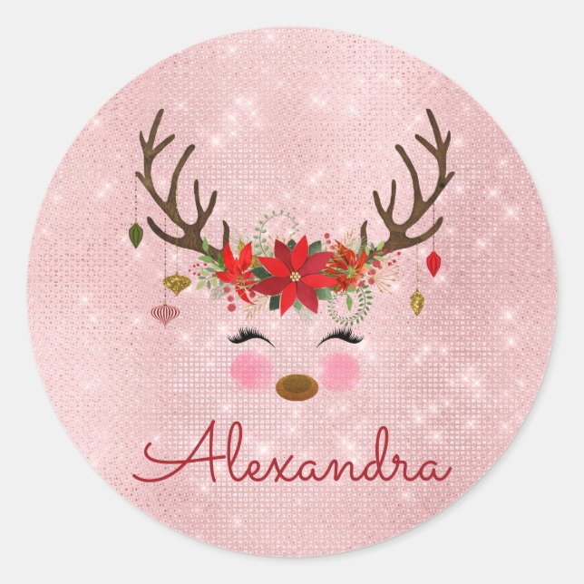 Rose Gold - Blush Pink Christmas Reindeer Monogram Classic Round Sticker (Front)