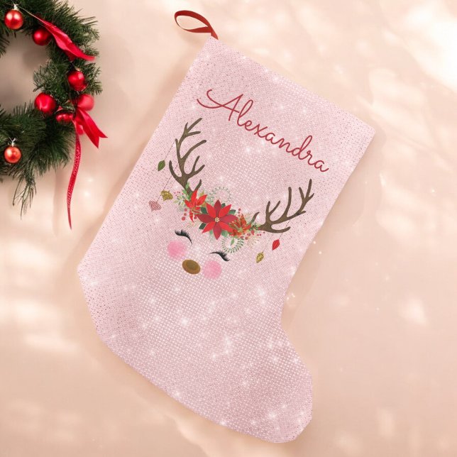Rose Gold - Blush Pink Christmas Reindeer Monogram Small Christmas Stocking (Creator Uploaded)