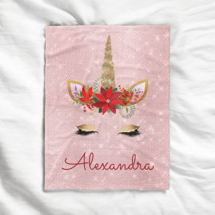 Rose Gold - Blush Pink Christmas Unicorn Monogram Fleece Blanket