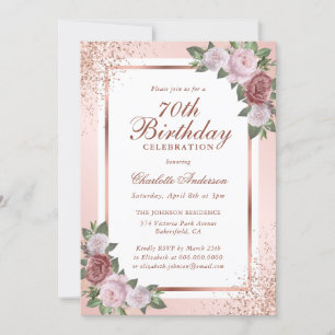 Rose Gold Blush Pink Confetti Floral 70th Birthday Invitation