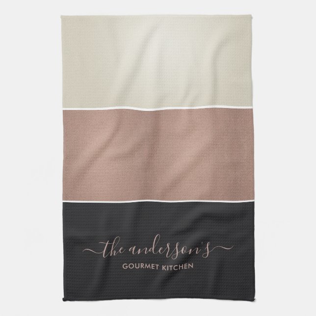 ROSE GOLD BLUSH PINK COPPER SILVER BLACK STRIPS TEA TOWEL (Vertical)