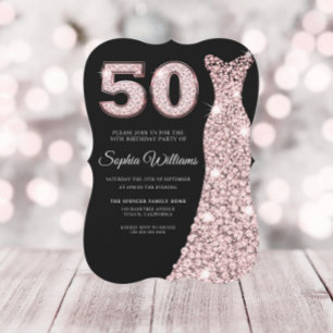 Rose Gold Blush Pink Dress Black 50th Birthday Invitation