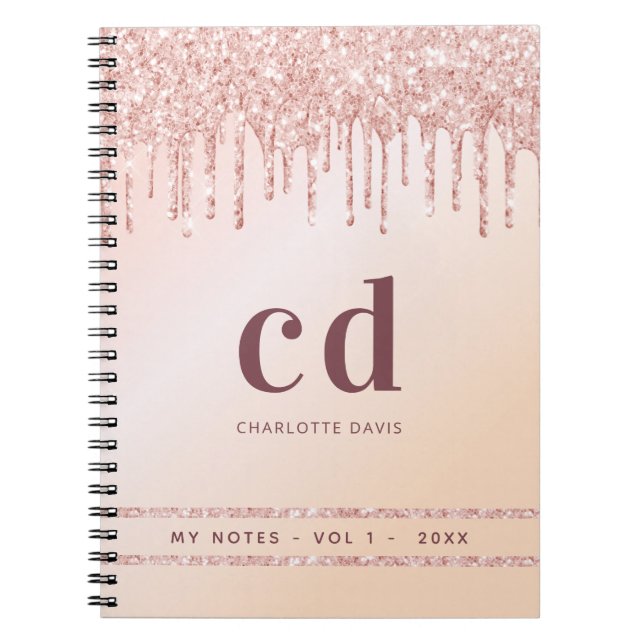 Rose gold blush pink drips monogram modern notebook (Front)