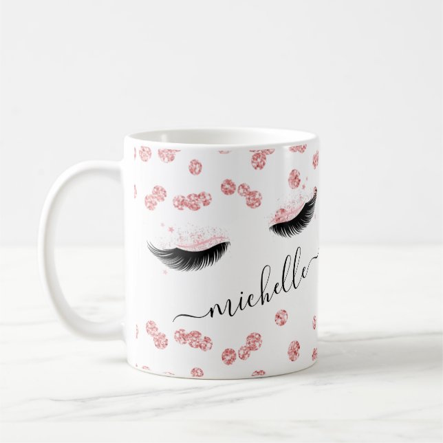 Rose Gold Blush Pink Eyelashes Glitter Confetti Coffee Mug (Left)