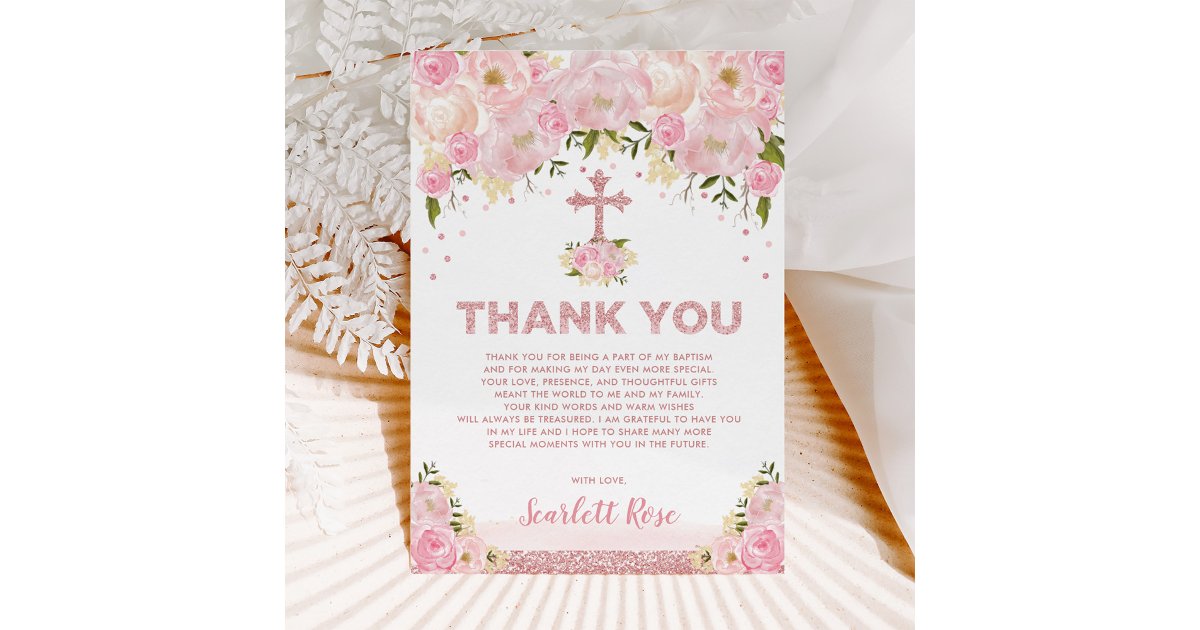 Rose Gold Blush Pink Floral Baptism Thank You Card | Zazzle