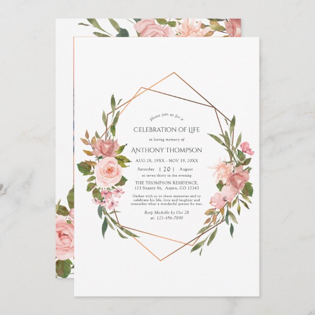 Rose Gold & Blush Pink Floral Celebration of Life  Invitation (Front/Back)