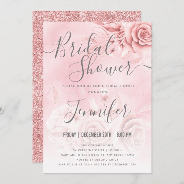 Rose Gold Blush Pink Floral Glitter Bridal Shower Invitation (Front/Back)
