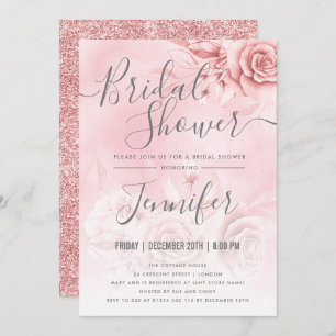 Rose Gold Blush Pink Floral Glitter Bridal Shower Invitation