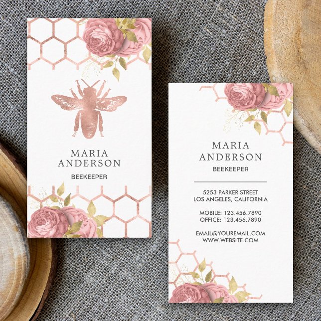 Rose Gold Blush Pink Floral Honey Bee Beekeeper Business Card (Creator Uploaded)