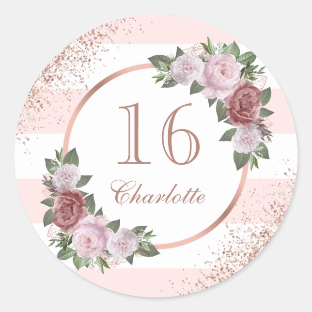 Rose Gold Blush Pink Floral Sweet 16 Birthday Classic Round Sticker (Front)