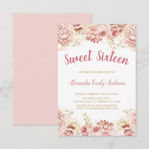 Rose Gold Blush Pink Floral Sweet Sixteen Birthday Invitation