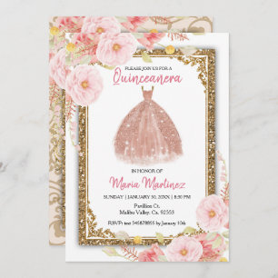 Rose Gold Blush Pink Flowers Quinceanera Invitation