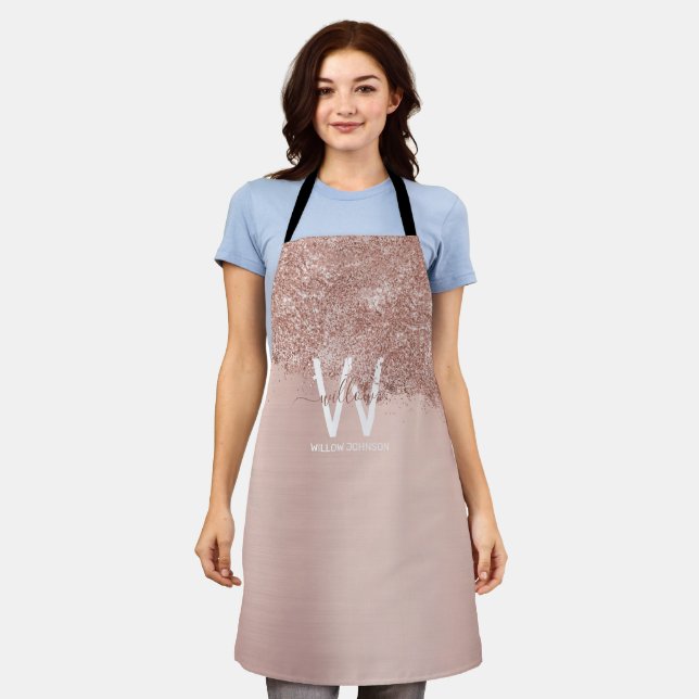 Rose Gold Blush Pink Girly Glitter Dust Monogram Apron (Worn)
