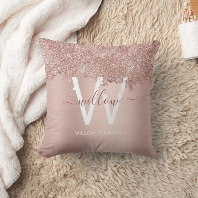 Rose Gold Blush Pink Girly Glitter Dust Monogram Cushion (Blanket)