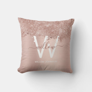Rose Gold Blush Pink Girly Glitter Dust Monogram Cushion