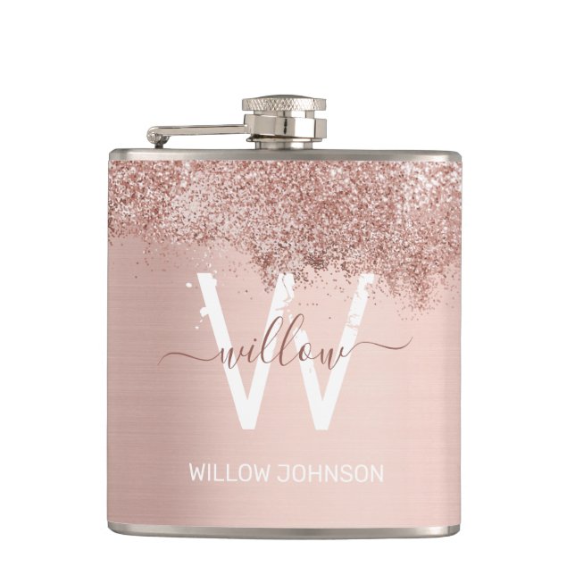 Rose Gold Blush Pink Girly Glitter Dust Monogram Hip Flask (Front)