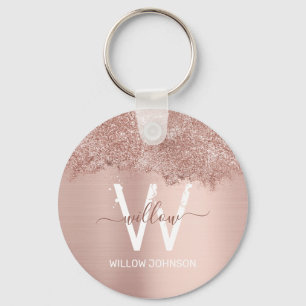 Rose Gold Blush Pink Girly Glitter Dust Monogram Key Ring