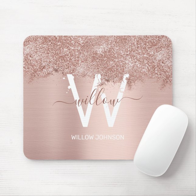 Rose Gold Blush Pink Girly Glitter Dust Monogram Mouse Pad (With Mouse)
