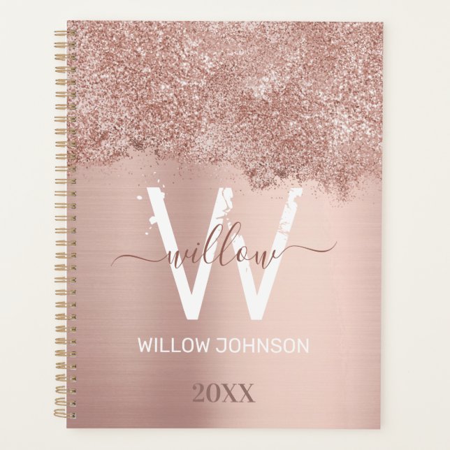 Rose Gold Blush Pink Girly Glitter Dust Monogram Planner (Front)