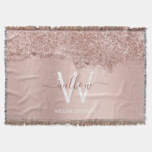 Rose Gold Blush Pink Girly Glitter Dust Monogram Throw Blanket