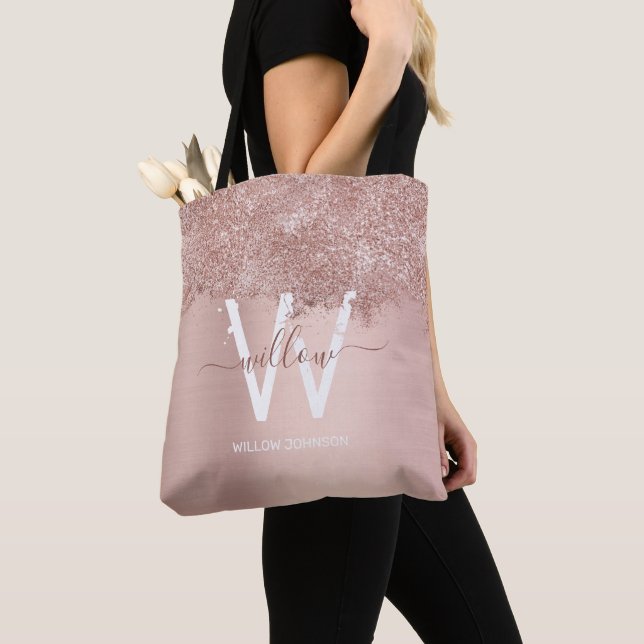 Rose Gold Blush Pink Girly Glitter Dust Monogram Tote Bag (Close Up)