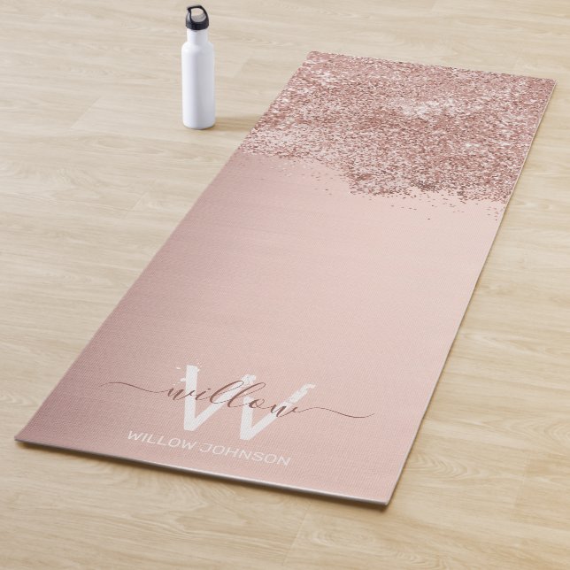 Rose Gold Blush Pink Girly Glitter Dust Monogram Yoga Mat (In Situ)