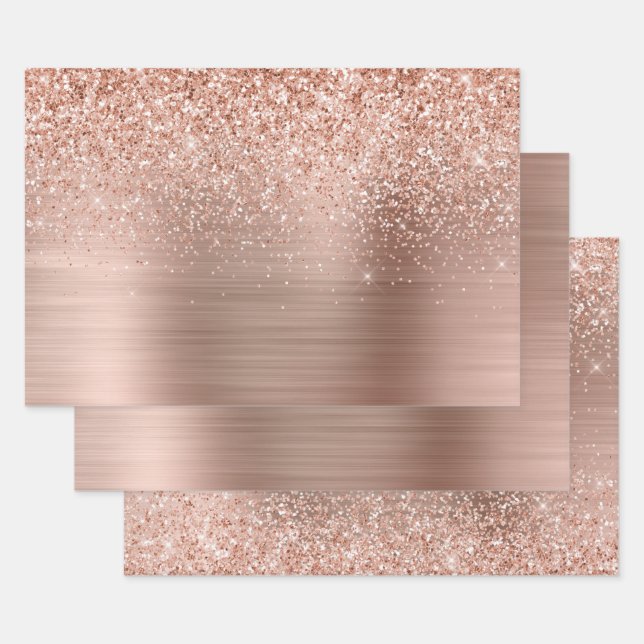 Rose Gold Blush Pink Glam Glitter Wrapping Paper Sheet (Set)