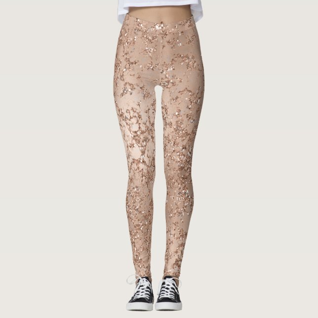 Rose Gold Blush Pink Glam Sparkle Crackle Chic Leggings (Front)