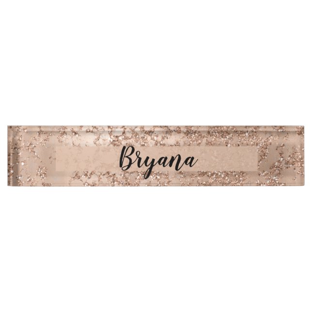 Rose Gold Blush Pink Glam Sparkle Crackle Chic Nameplate (Front)