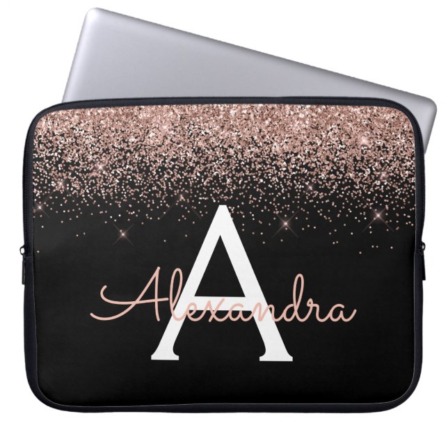 Rose Gold Blush Pink Glitter and Sparkle Monogram Laptop Sleeve (Front)