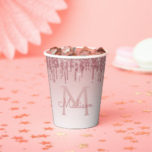 Rose Gold Blush Pink Glitter and Sparkle Monogram  Paper Cups