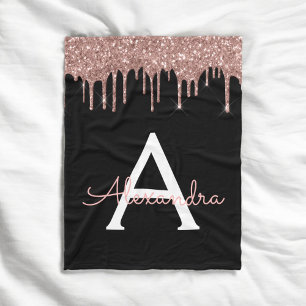 Rose Gold - Blush Pink Glitter Black Monogram Fleece Blanket
