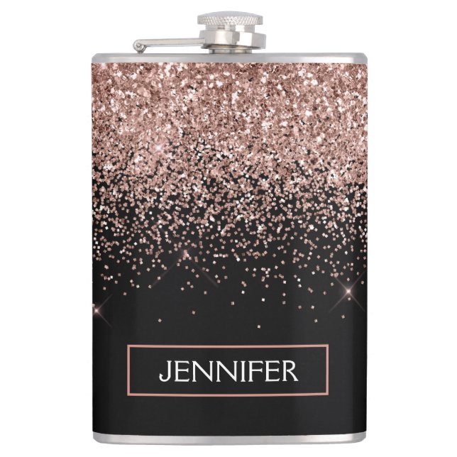 Rose Gold Blush Pink Glitter Custom Monogram Name Hip Flask (Front)