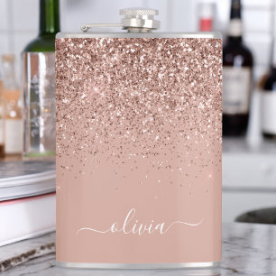 Rose Gold Blush Pink Glitter Custom Monogram Name Hip Flask